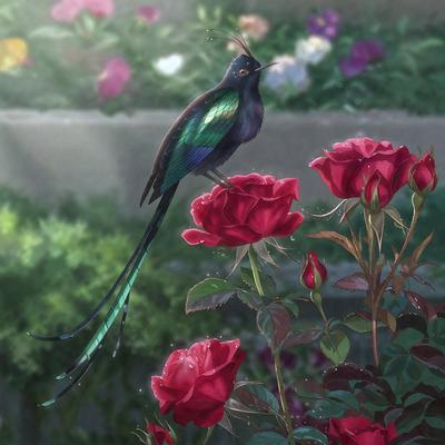 The primary subject of the image is a bird perched on a red rose. The bird is green and blue in color, and it appears to be a hummingbird. The setting is a garden, with the bird standing on top of a red rose. The visual style of the image is a digital art illustration, creating a vibrant and lively atmosphere. The dominant colors in the image are red and green, with the red rose being the most prominent feature.